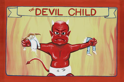 Devil Child 4x6 circus banner prop created by Pumpkin Pulp. Pumpkin Pulp buy and shop creepy scary horror halloween masks and props. Custom work also available. Located in Muncie, Indiana.